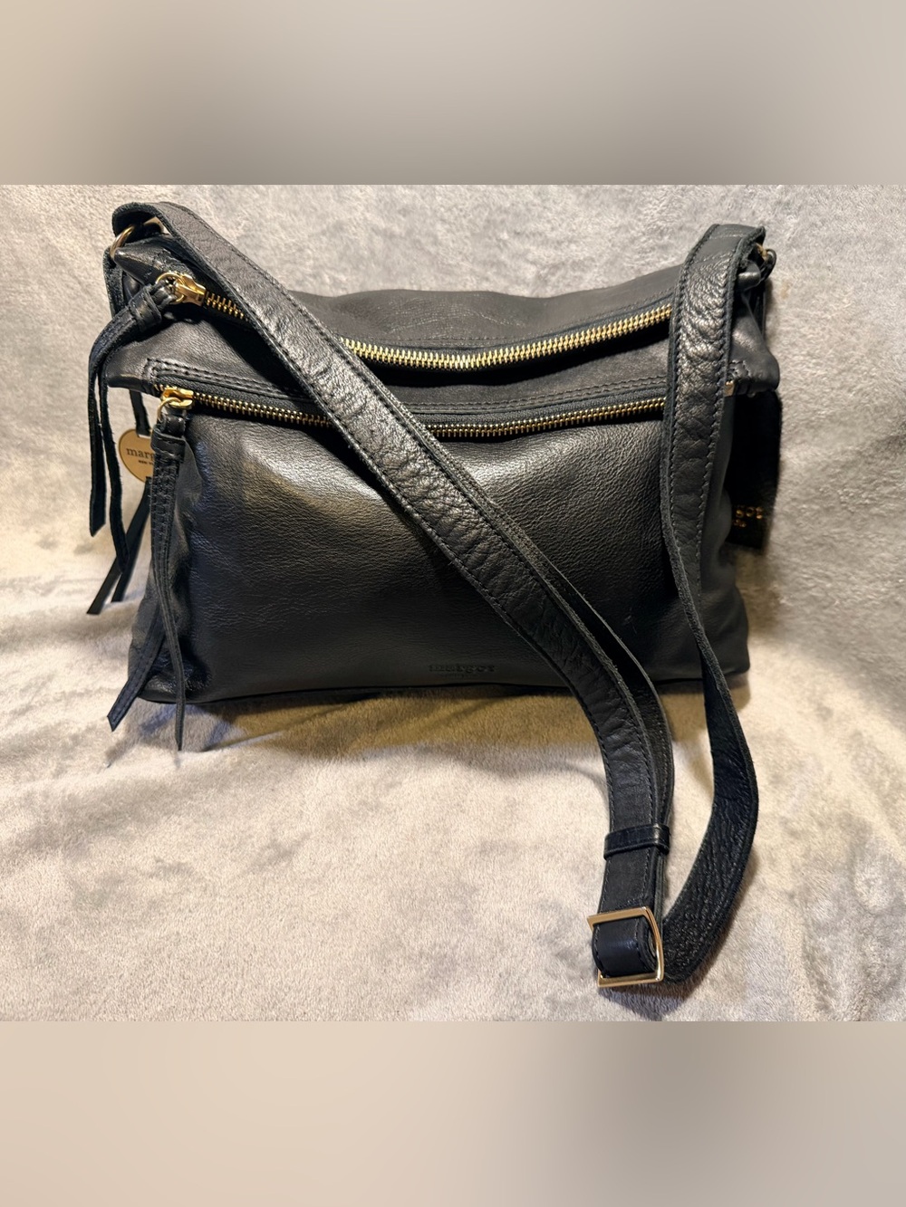 Margot Double Zip Black Supple Leather Crossbody w/ Brass Hardware - Picture 3 of 9